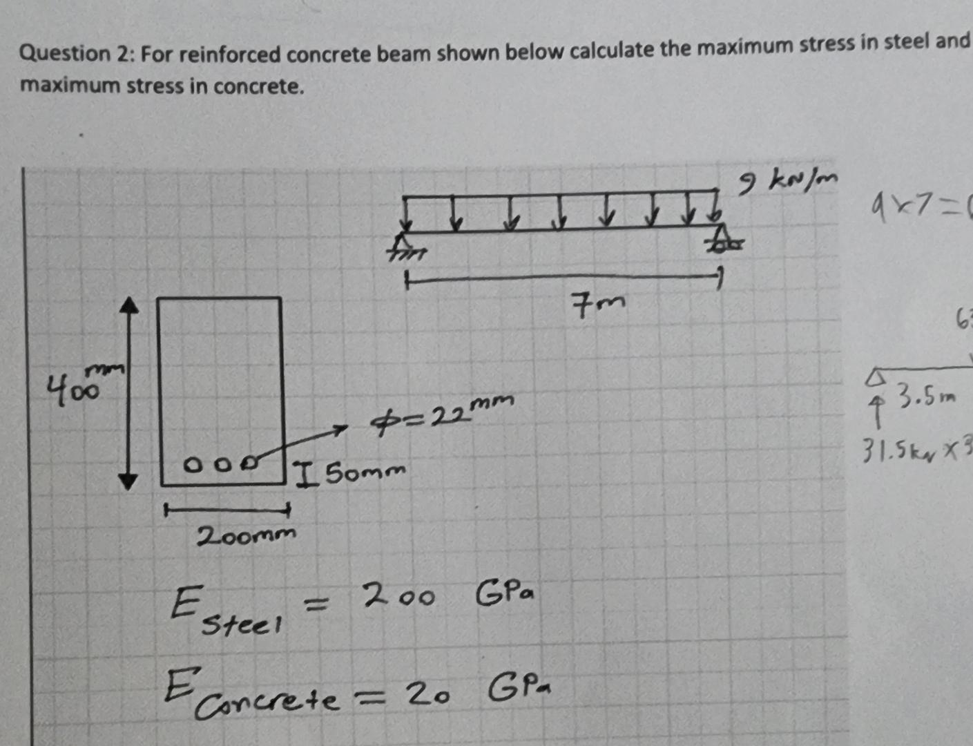Question 2 : For reinforced concrete beam shown