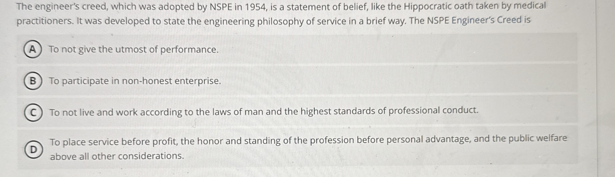 The engineer's creed, which was adopted by NSPE
