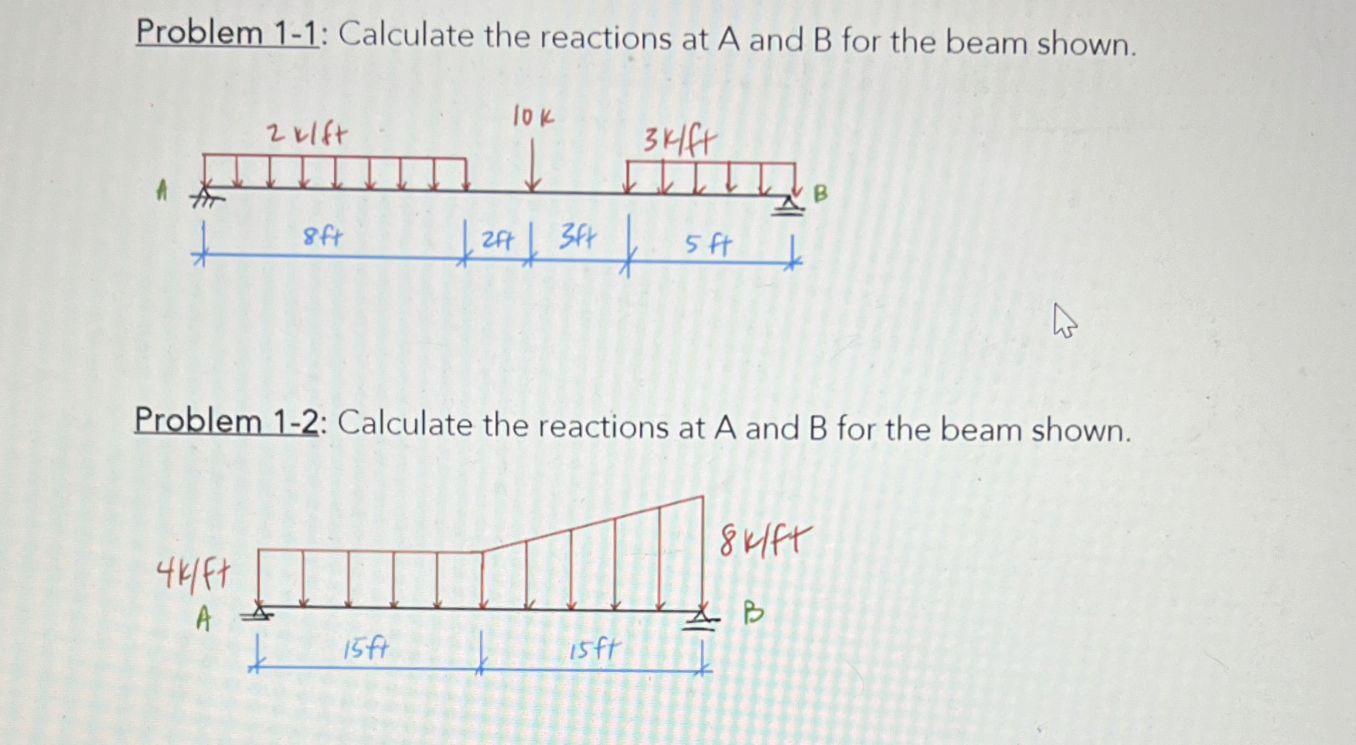 Problem 1 - 1 : Calculate the reactions at A and