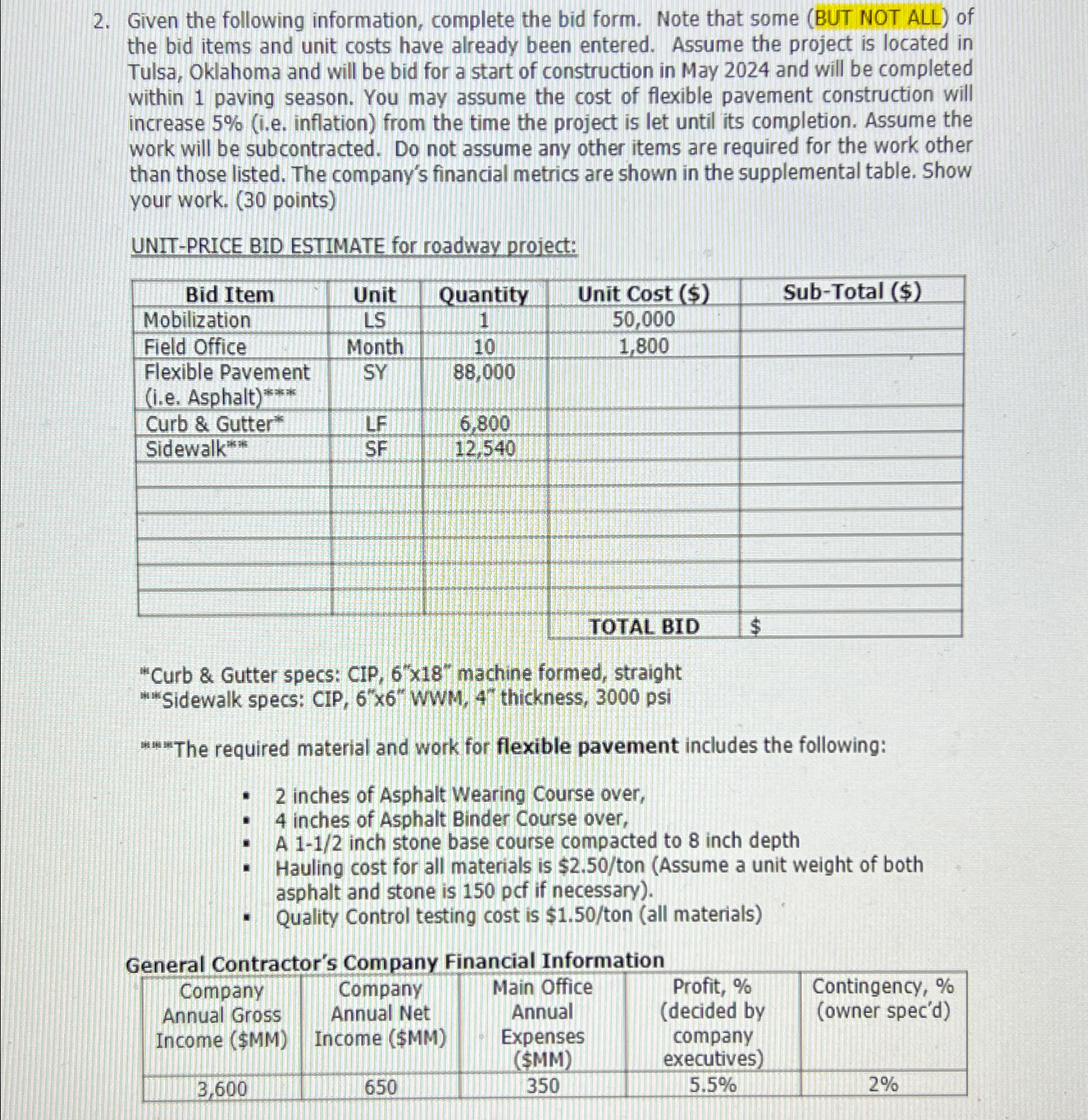 Given the following information, complete the bid