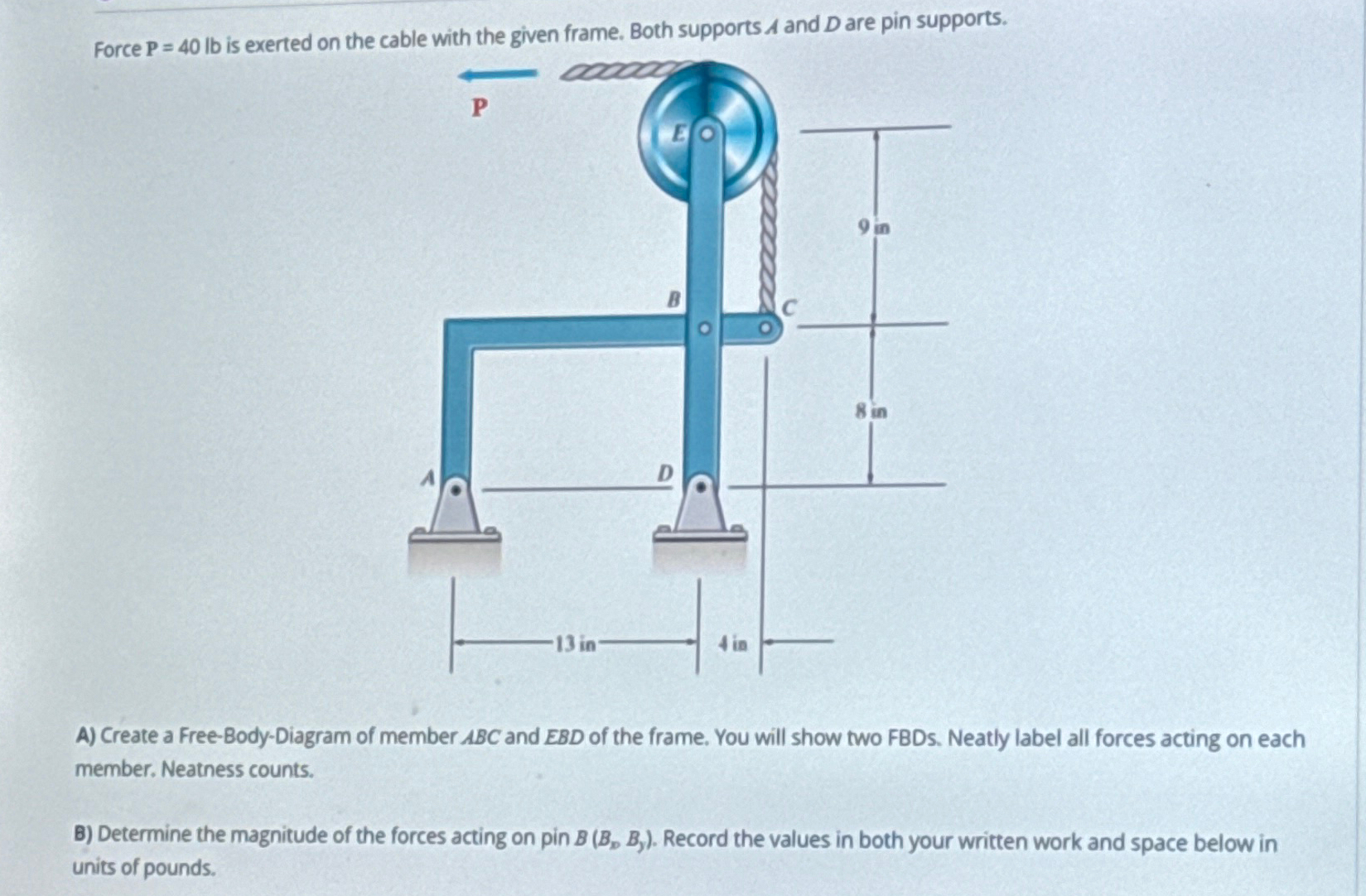 Force P = 4 0 l b is exerted on the cable with