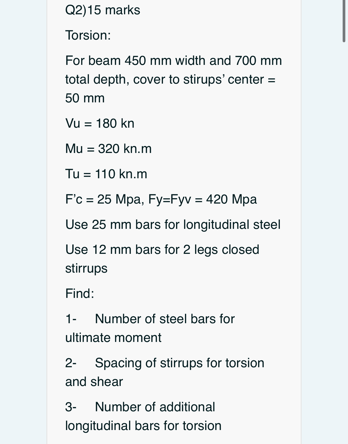 Q 2 ) 1 5 marks Torsion: For beam 4 5 0 mm width