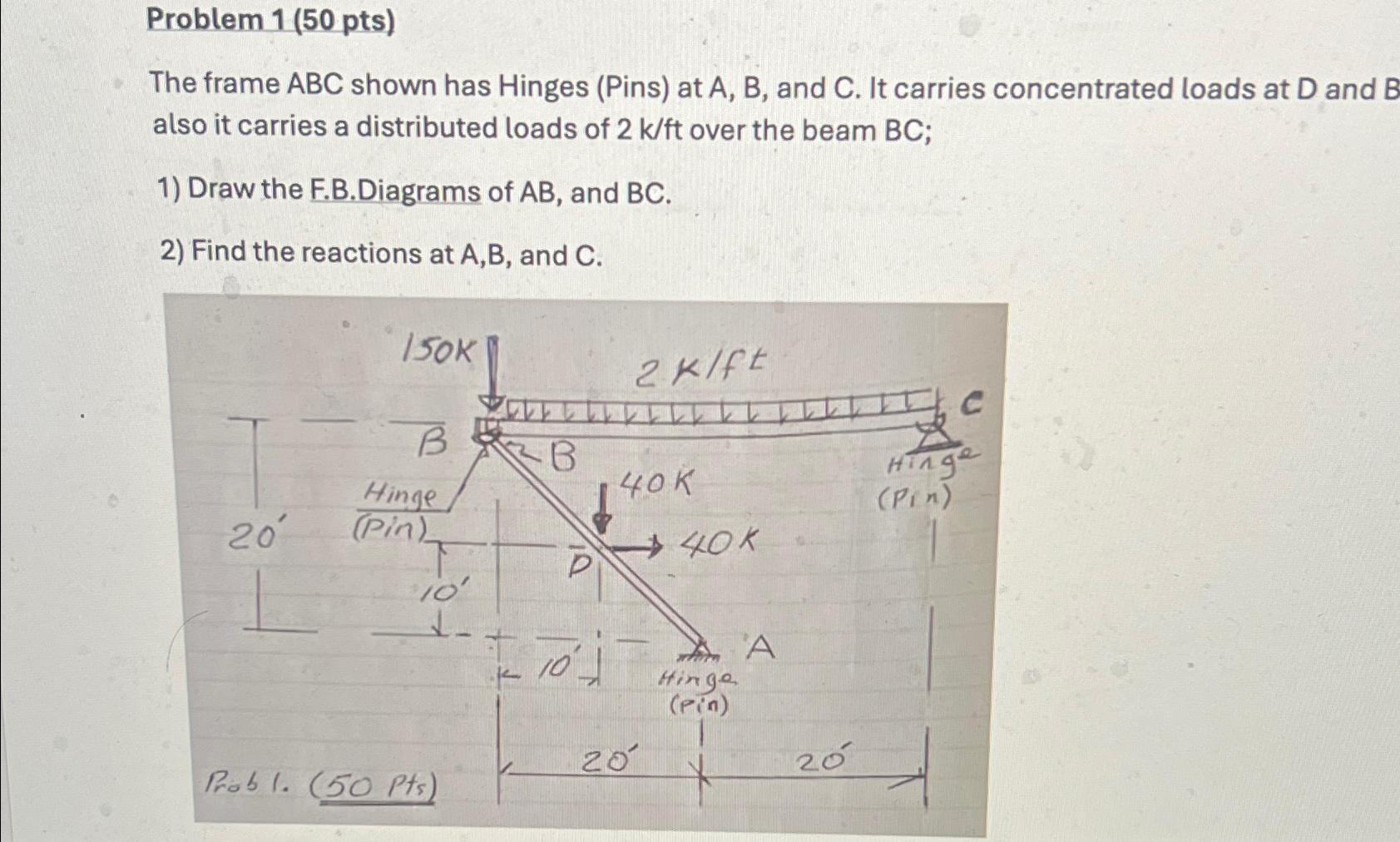 Problem 1 ( 5 0 pts ) The frame ABC shown has