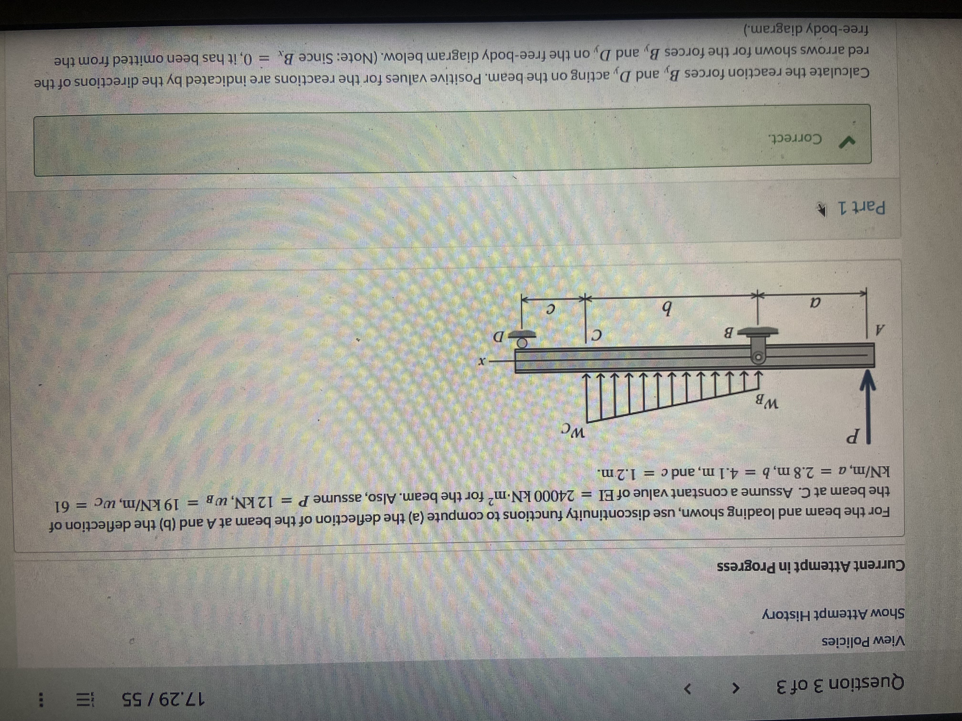 Determine the deflection of the beam at A and C .