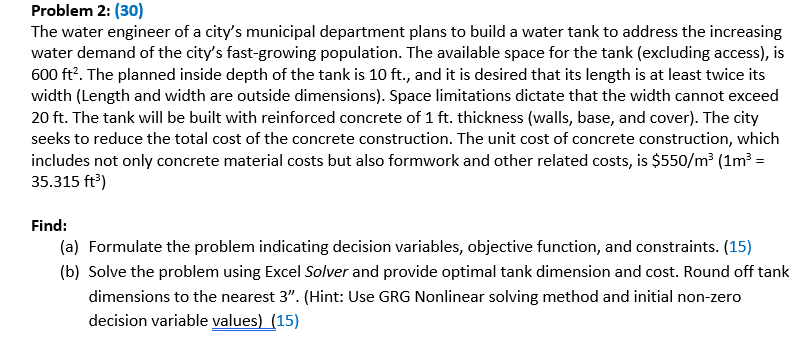 Problem 2 : ( 3 0 ) The water engineer of a