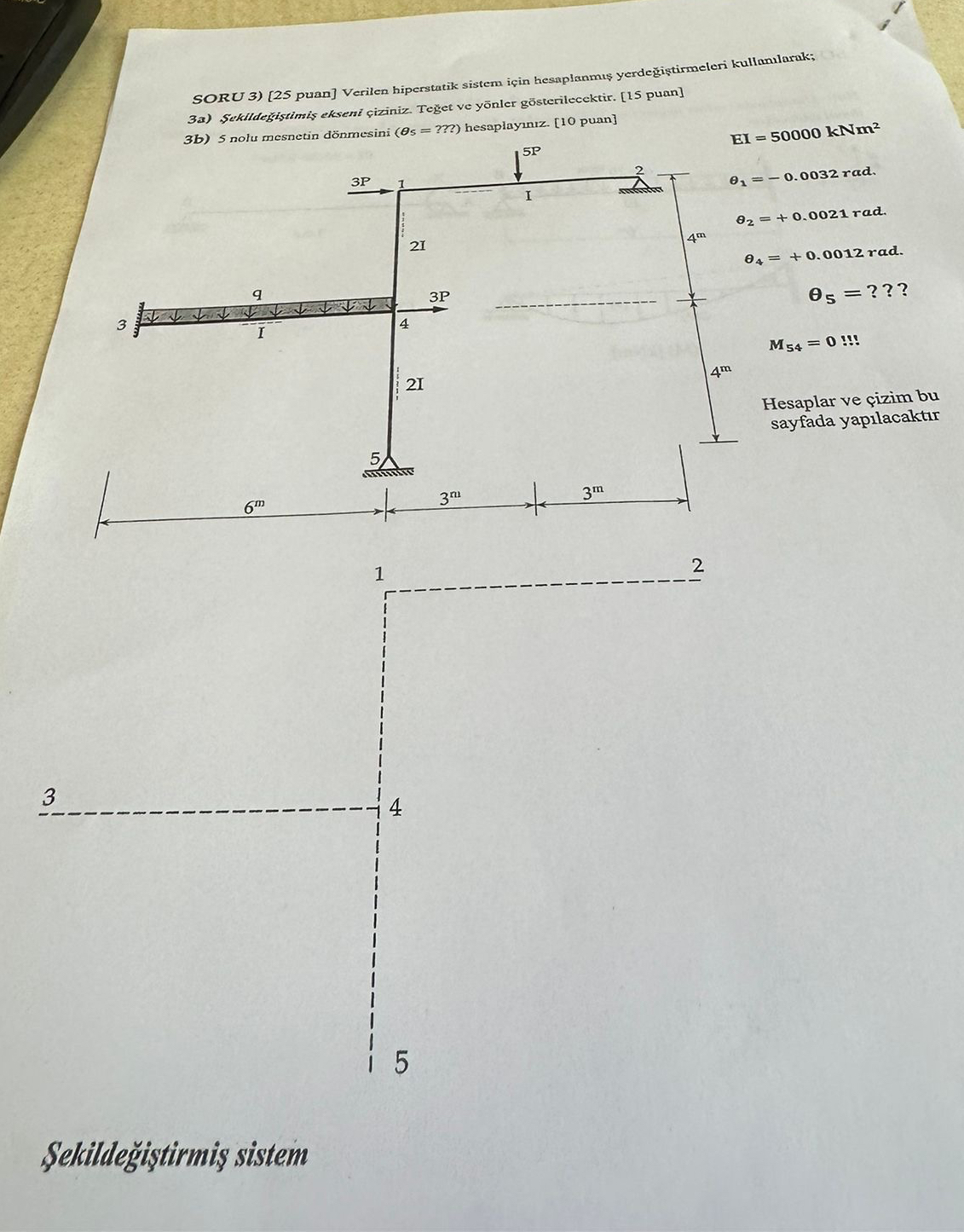 SORU 3 ) [ 2 5 puan ] Verilen hiperstatik sistem