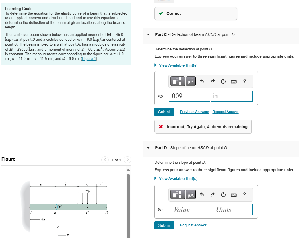 Determine the deflection and slope at point D