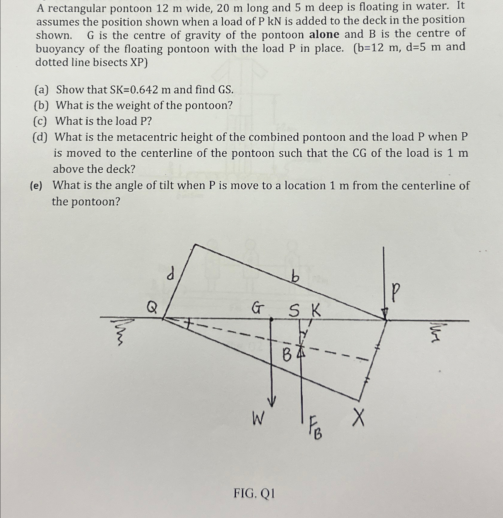 A rectangular pontoon 1 2 m wide, 2 0 m long and