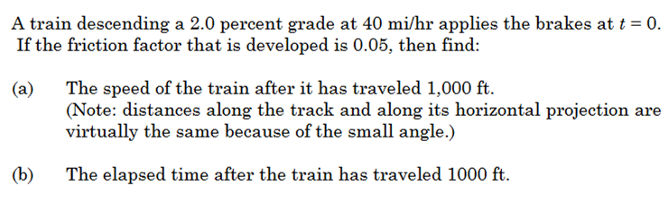A train descending a 2 . 0 percent grade at 4 0 m