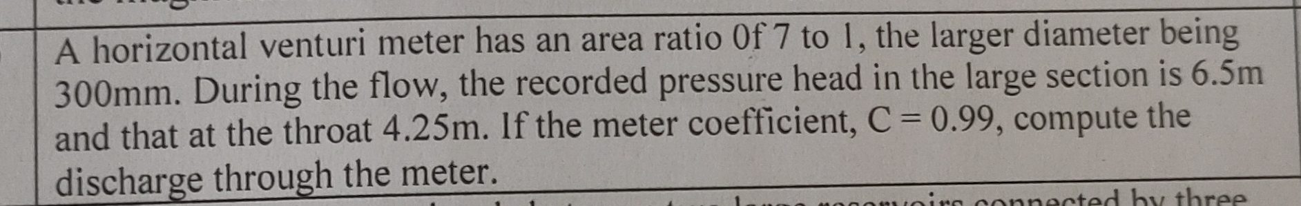 A horizontal venturi meter has an area ratio of 7