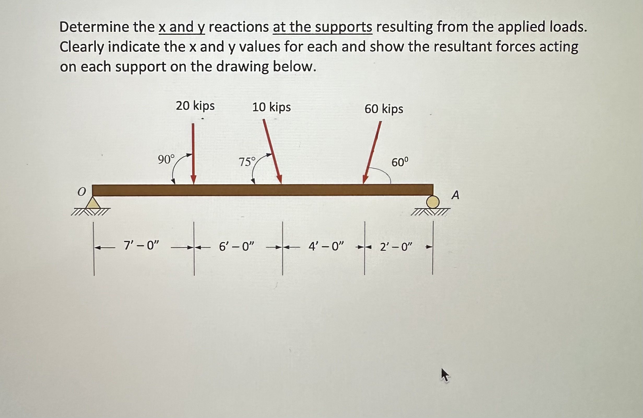 Determine the x and y reactions at the supports