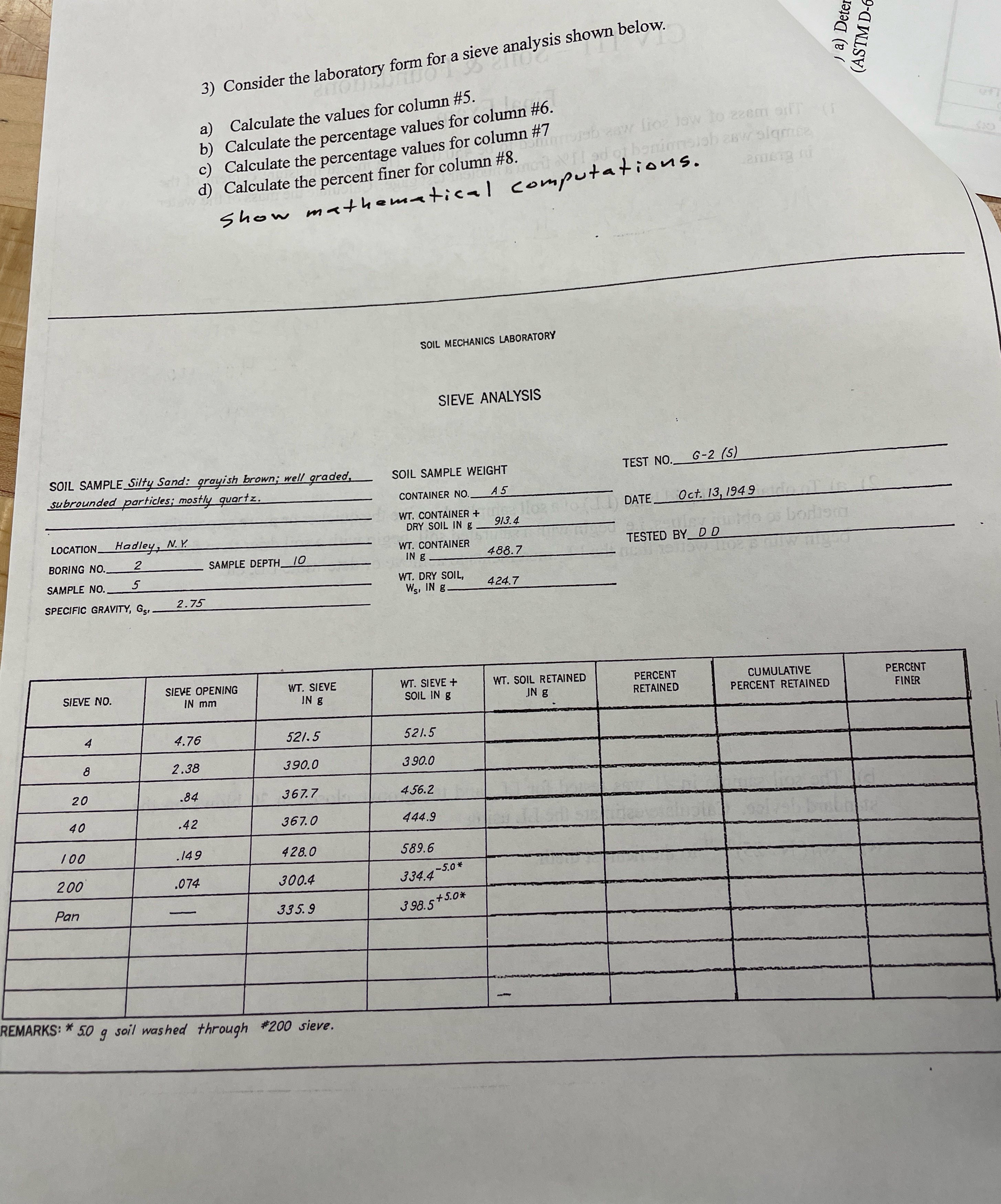 Consider the laboratory form for a sieve analysis