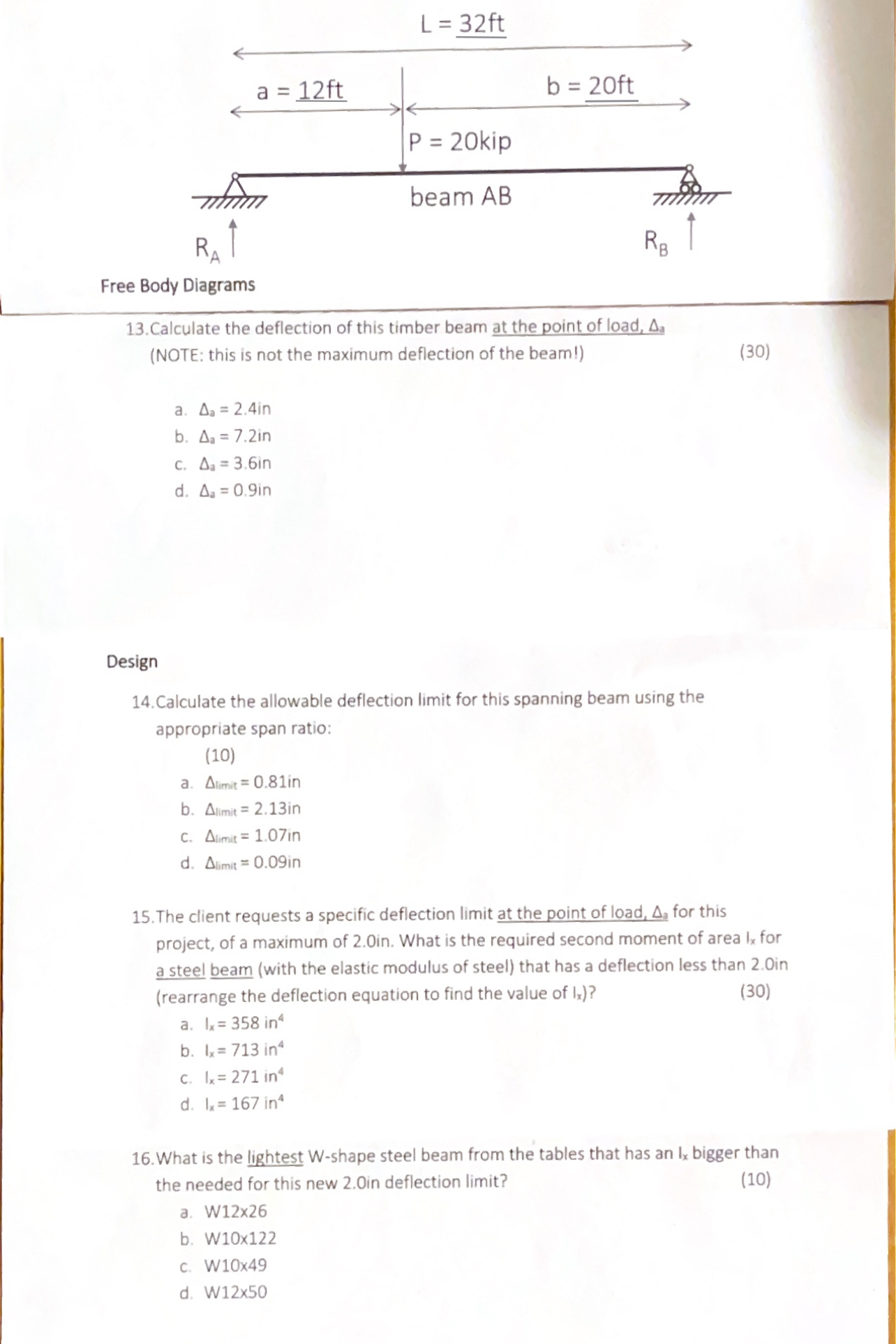 Calculate the deflection of this timber beam at