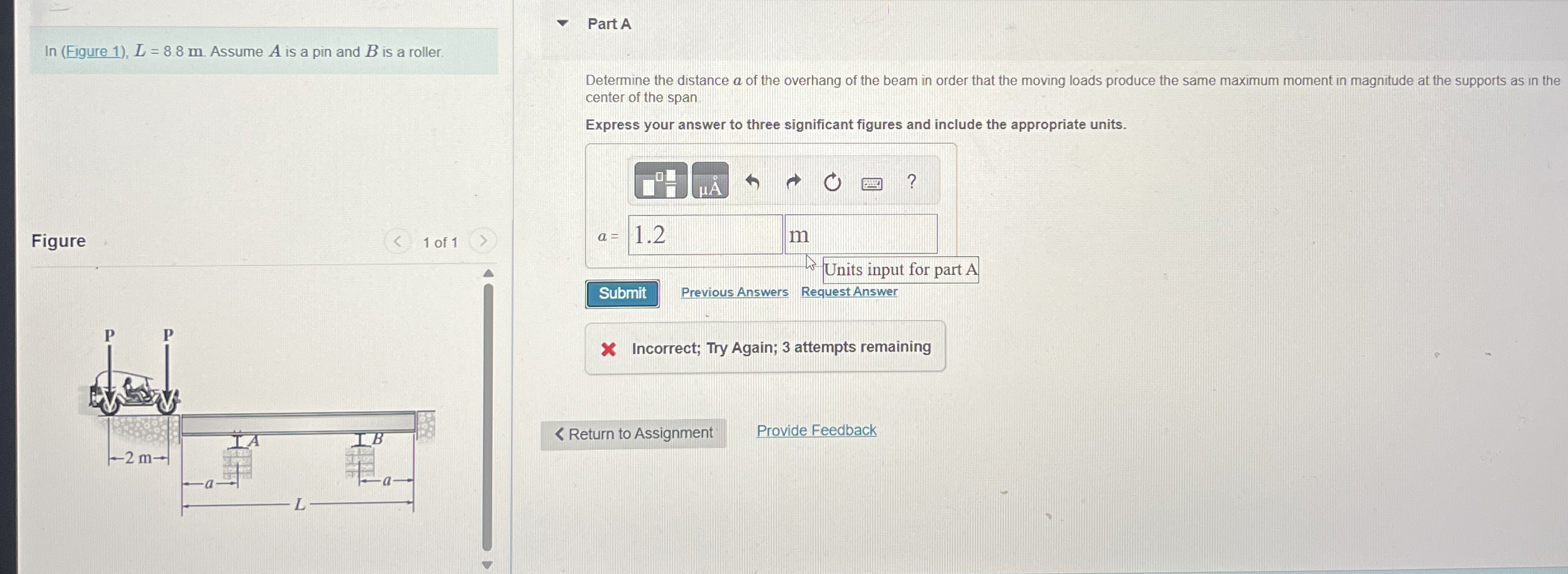 In ( Figure 1 ) , L = 8 . 8 m Assume A is a pin