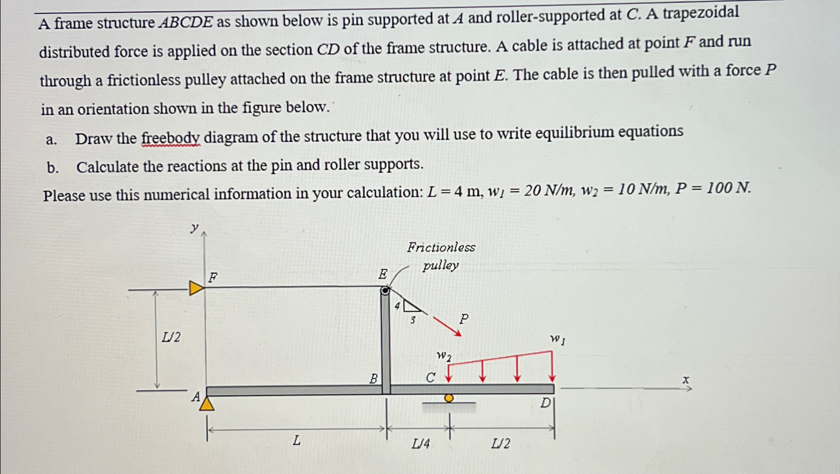 A frame structure ABCDE as shown below is pin