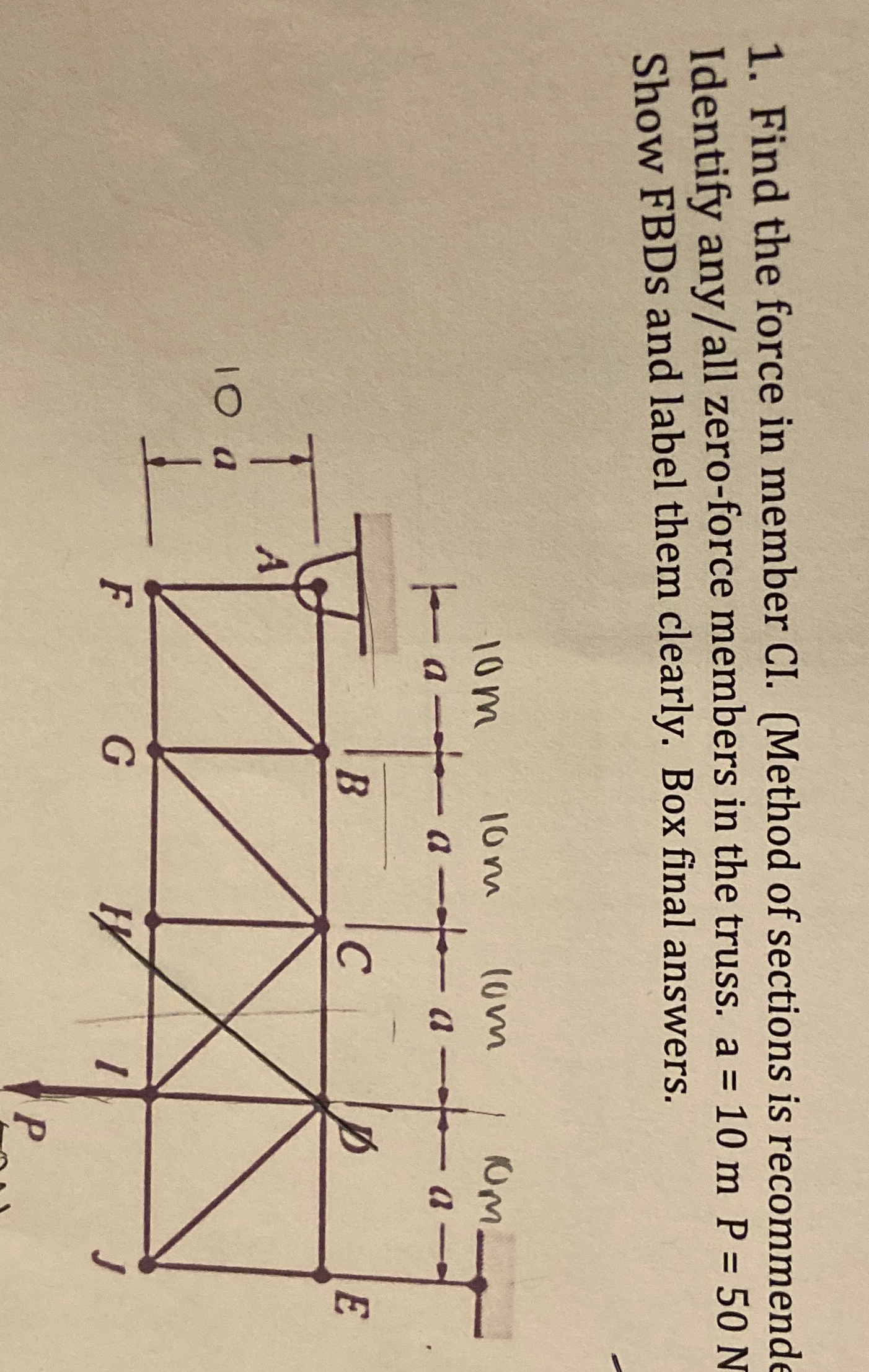 Find the force in member CI . ( Method of