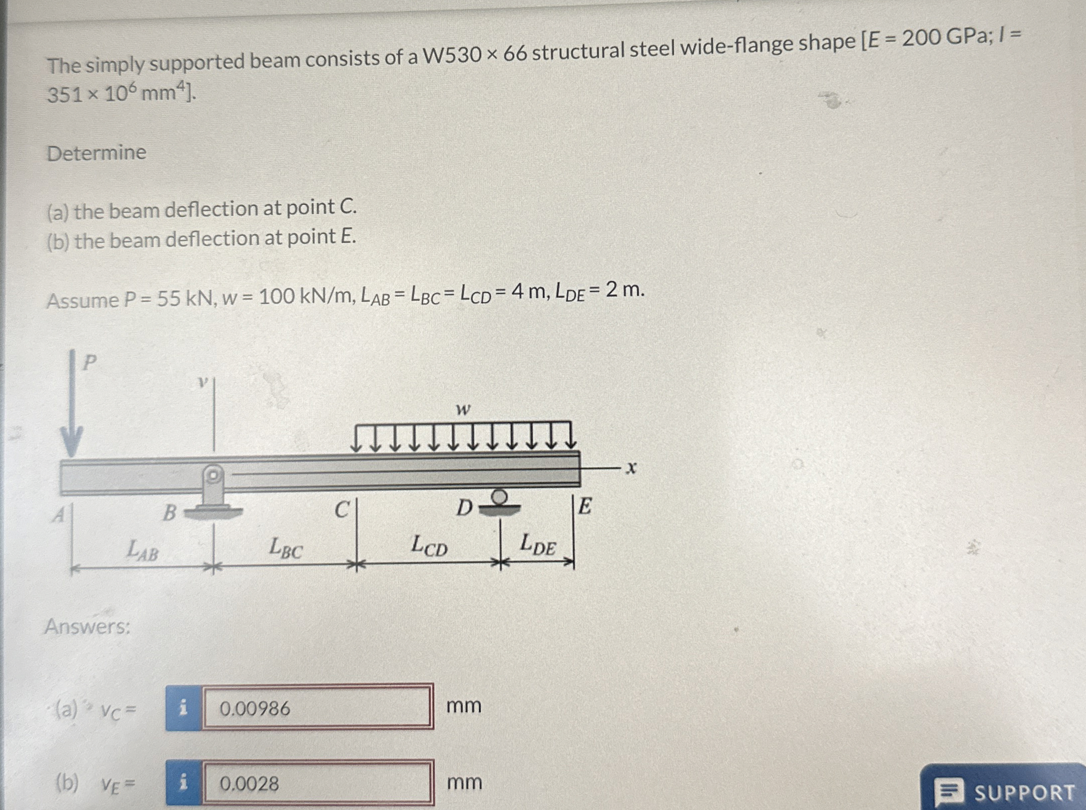 The simply supported beam consists of a W 5 3 0 6