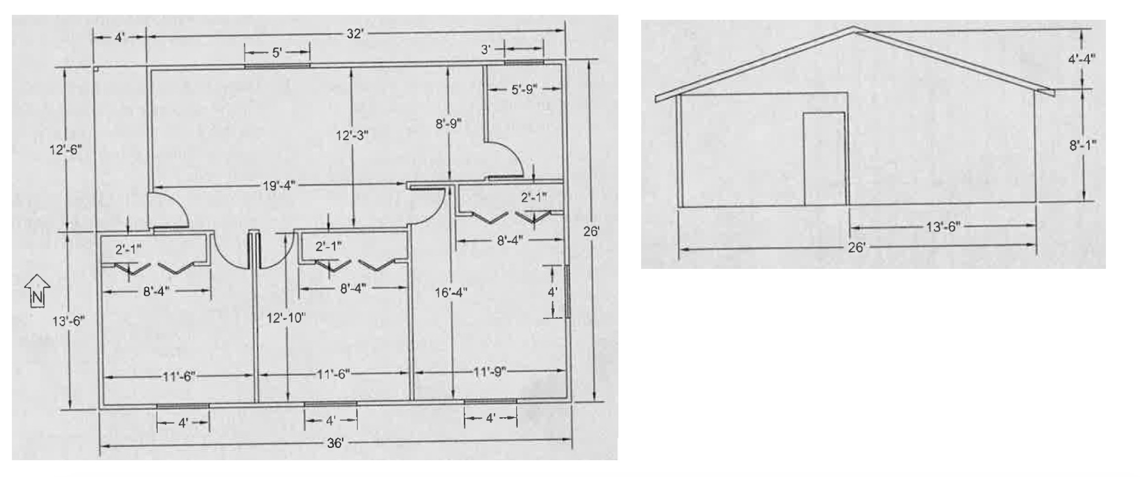 The width of the door on west wall is 3 6 . Roof