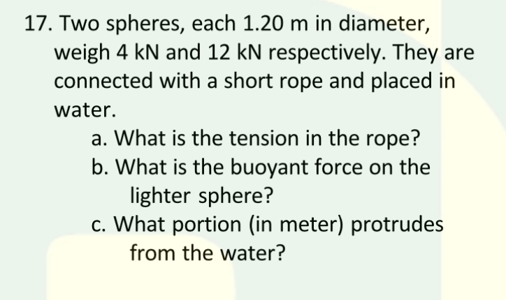 Two spheres, each 1 . 2 0 m in diameter, weigh 4
