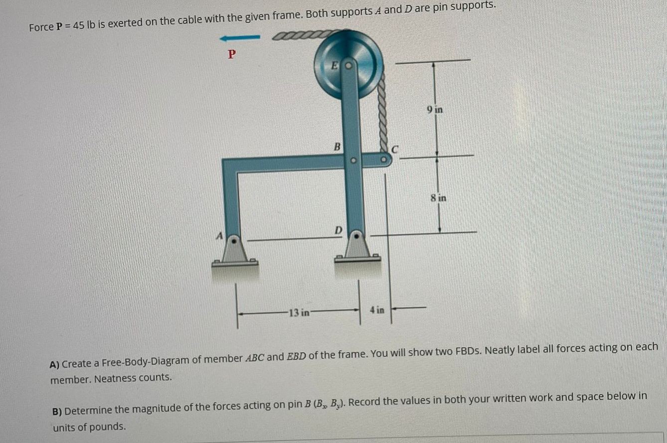 Force P = 4 5 l b is exerted on the cable with