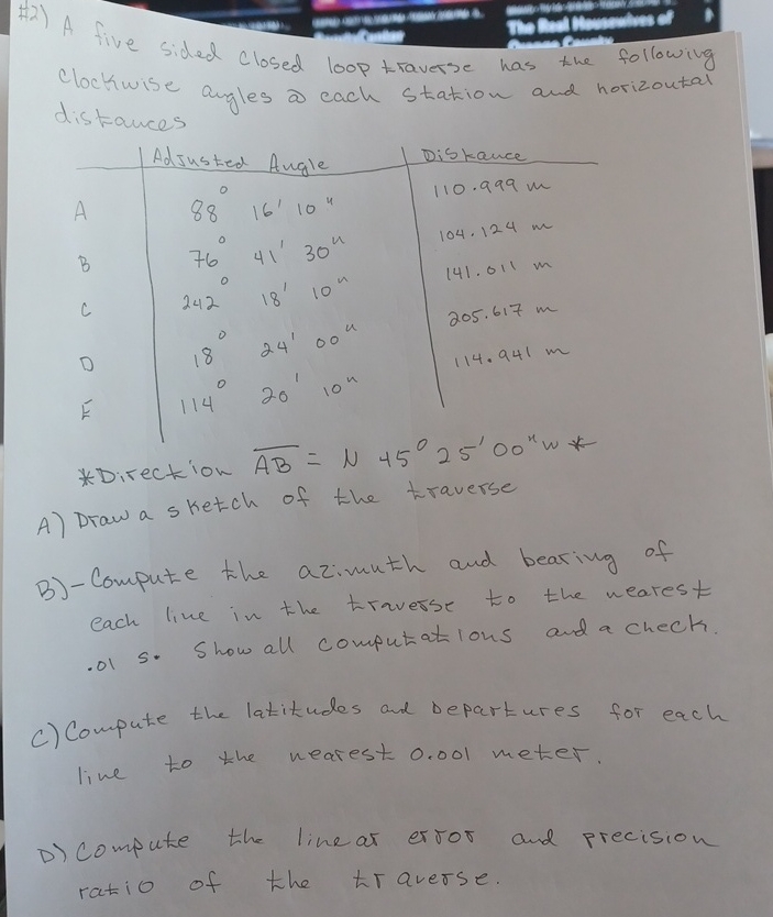 2 ) A five sided closed loop traverse has the