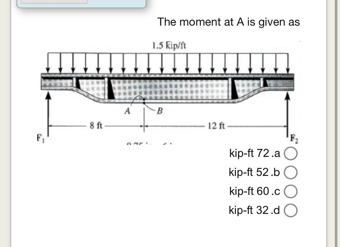 The moment at A is given as kip - tt 7 2 . a kip