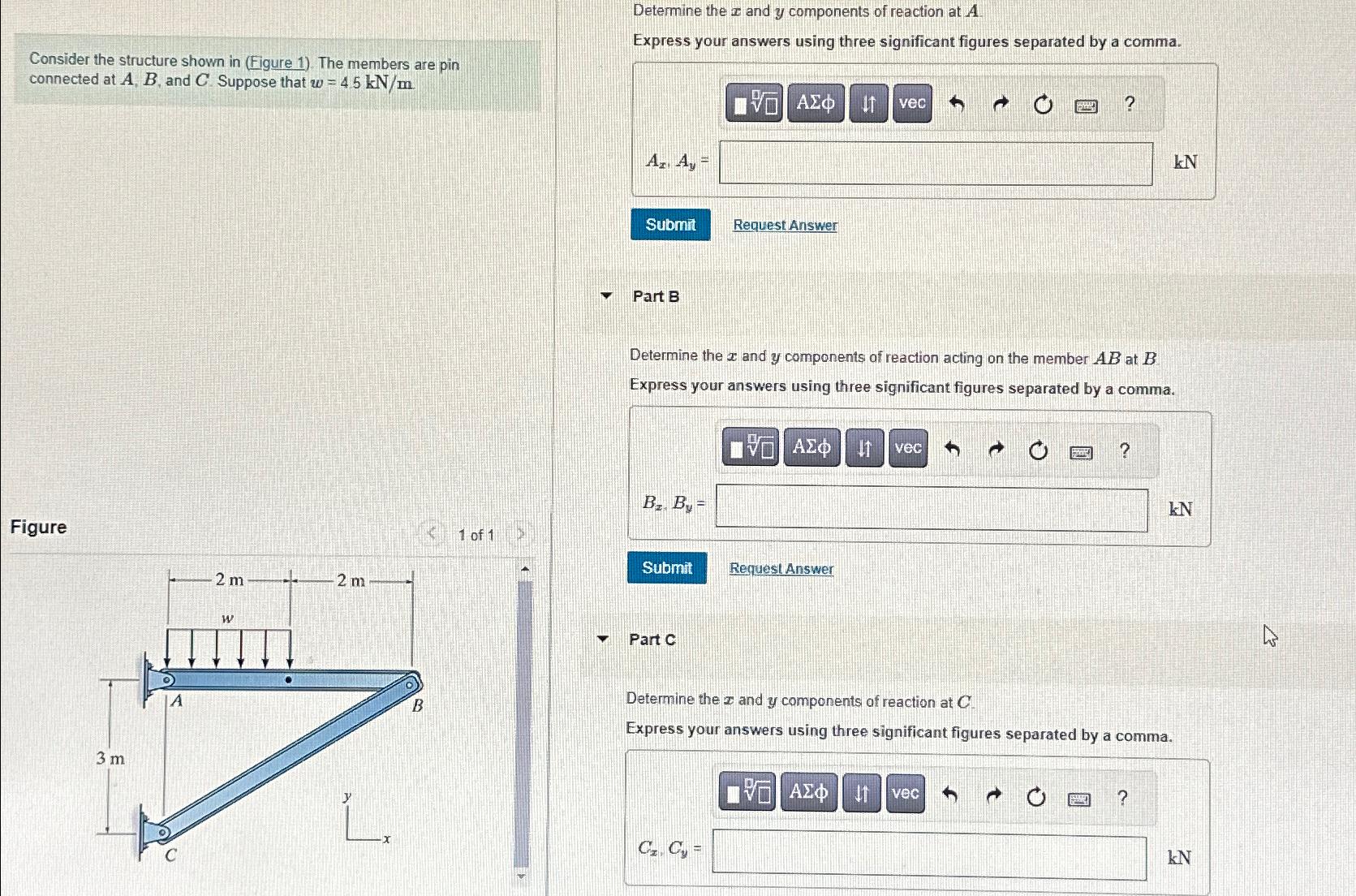 Determine the x and y components of reaction at A