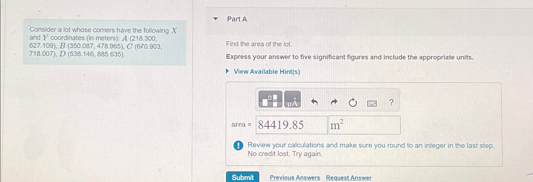 Consider a lot whose corners have the following x