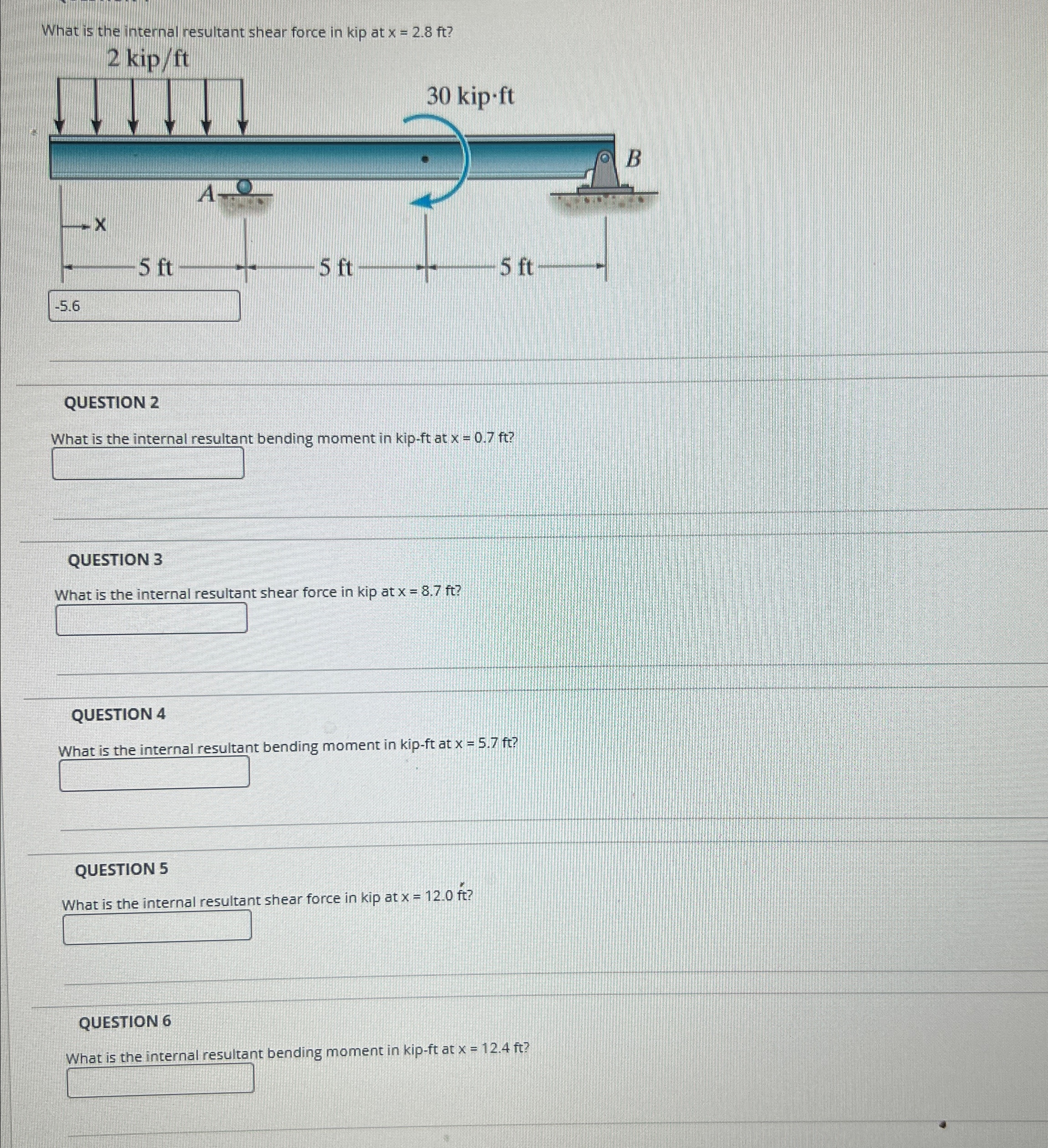 What is the internal resultant shear force in kip