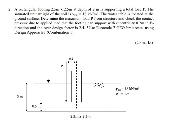 A rectangular footing 2 . 5 m 2 . 5 m at depth of