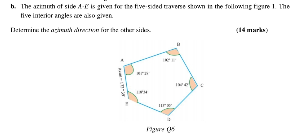 b . The azimuth of side A - E is given for the