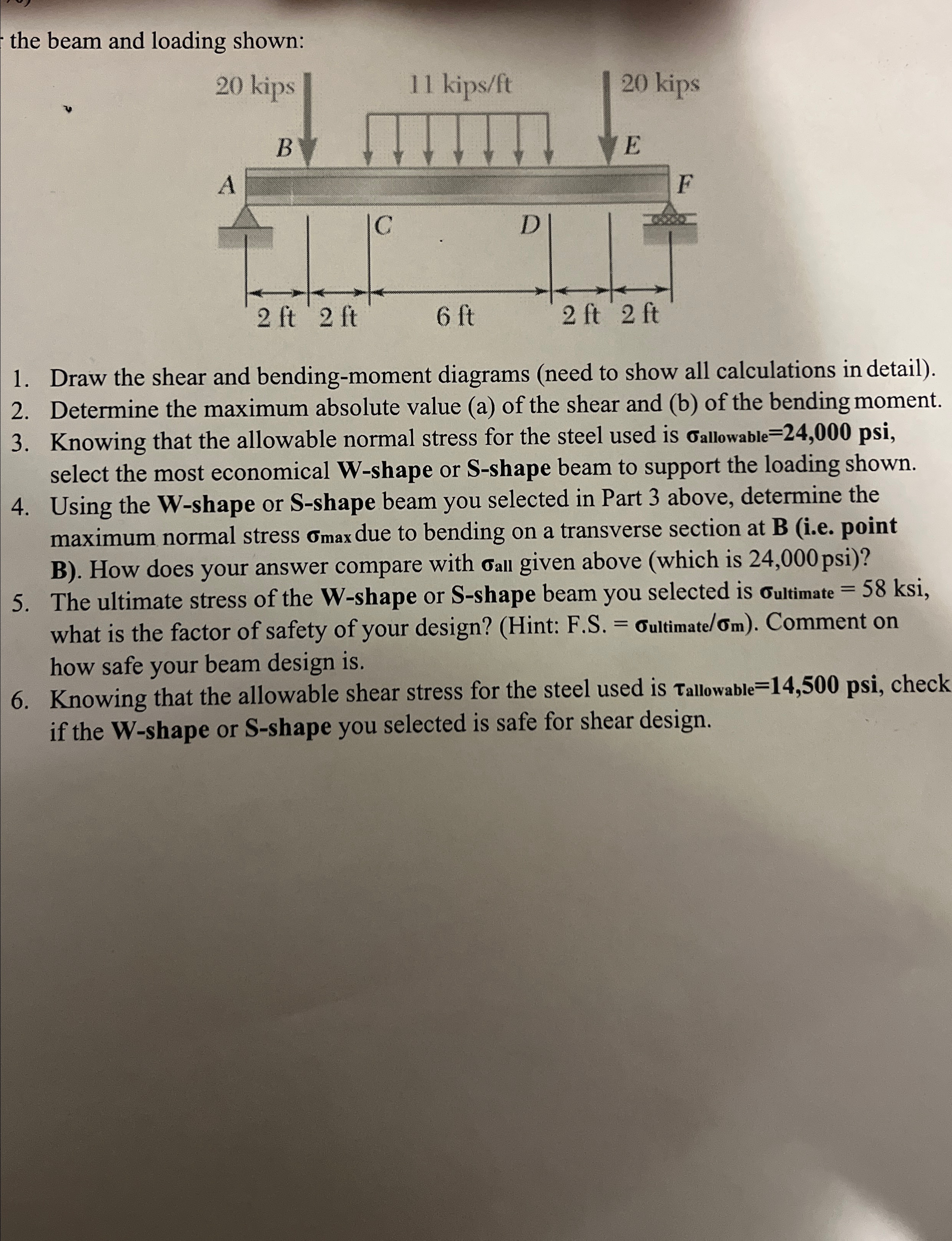 the beam and loa Draw the shear and bending -