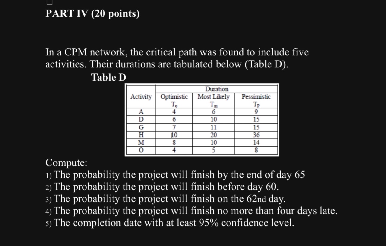 PART IV ( 2 0 points ) In a CPM network, the