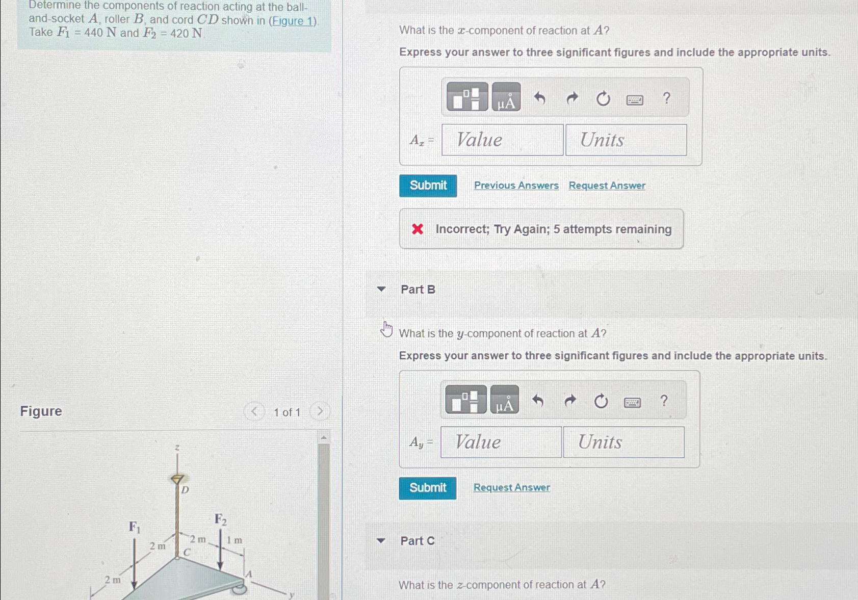 Determine the components of reaction acting at
