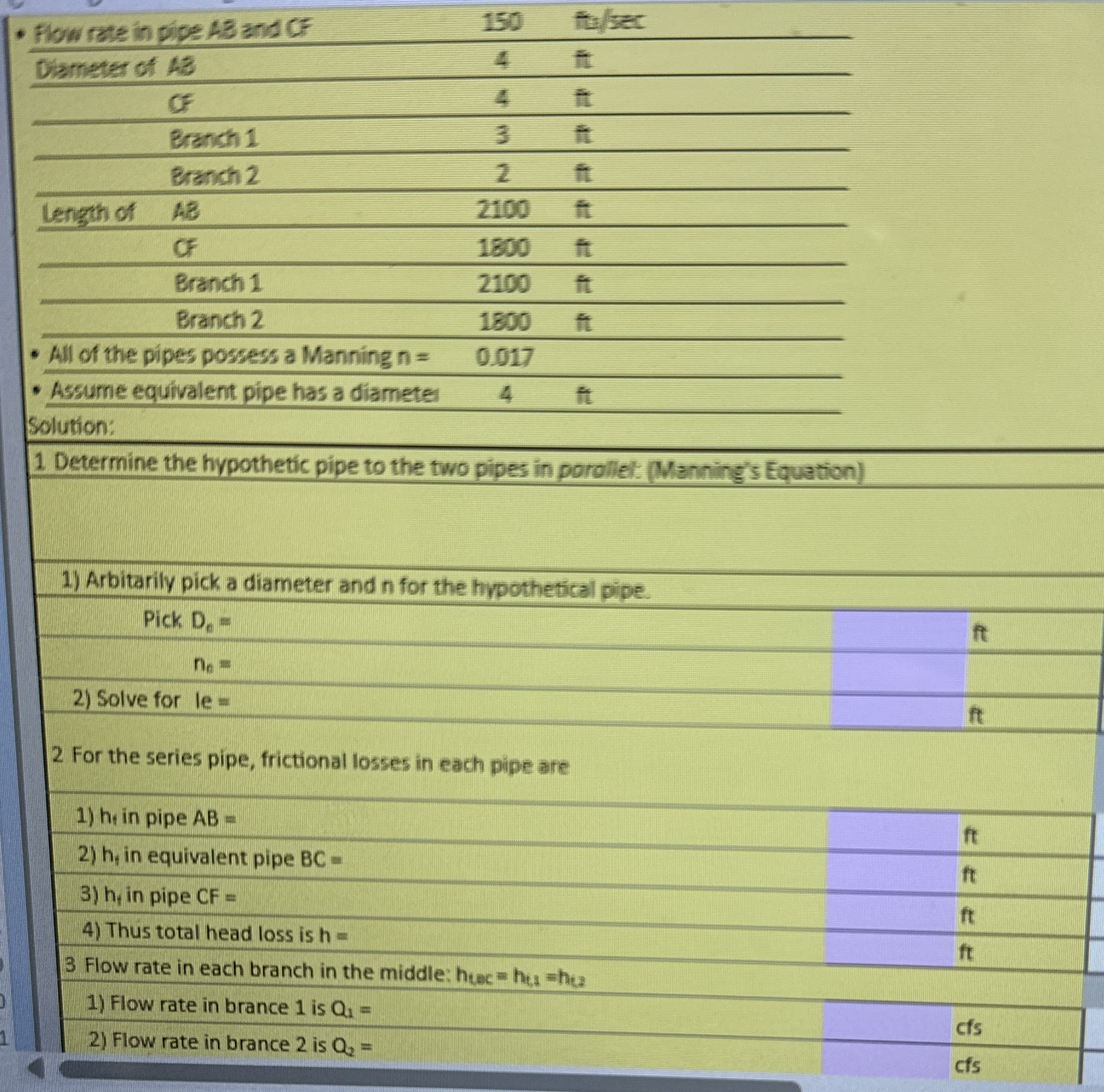 Flow rate in pipe A B and CF Diameter of AB