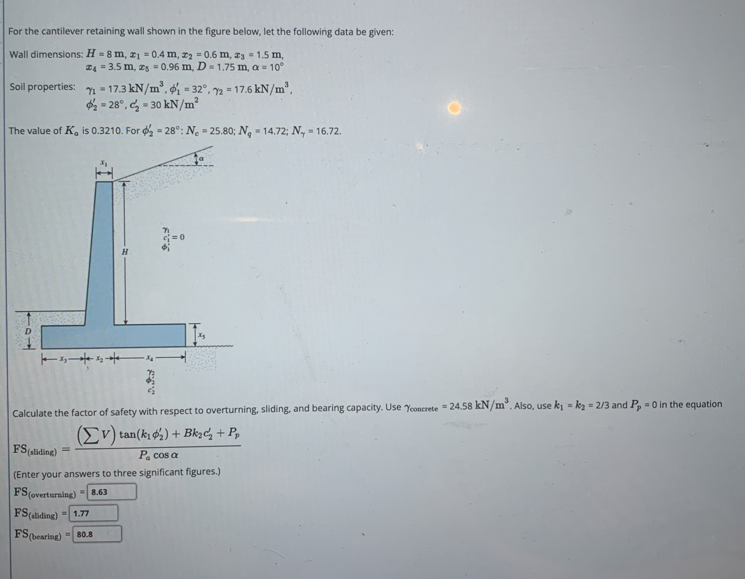 For the cantilever retaining wall shown in the