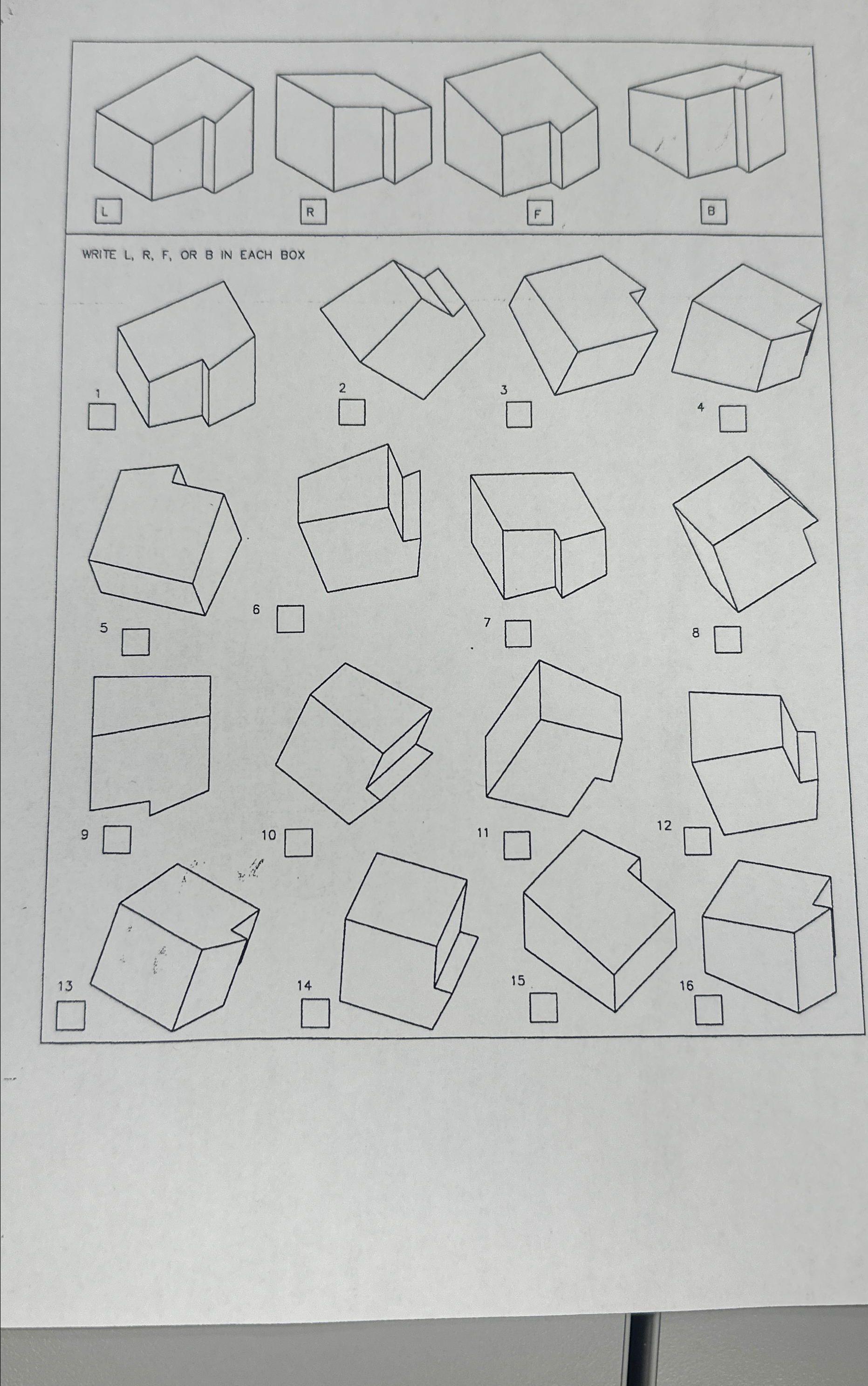 Write L , R , F , or B in each box