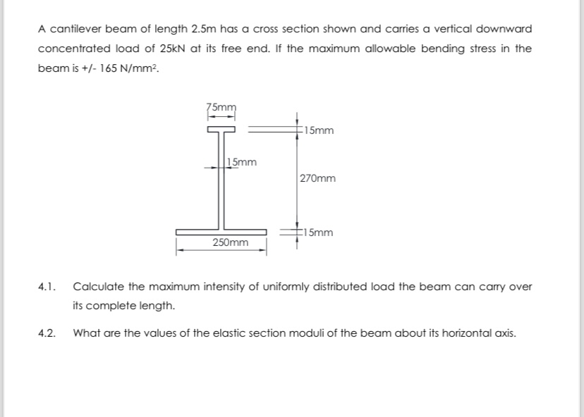 A cantilever beam of length 2 . 5 m has a cross