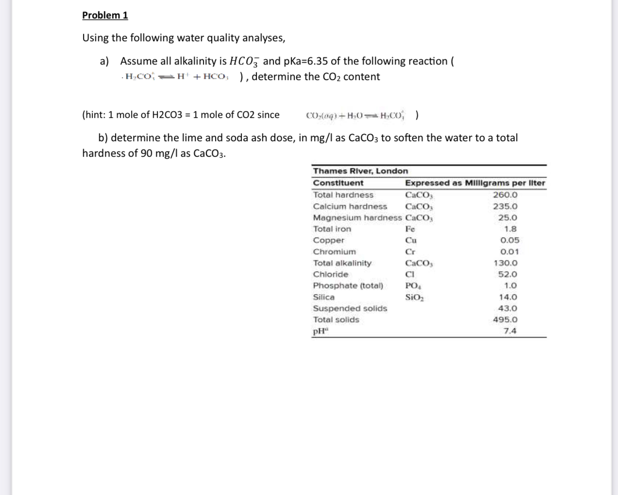 Problem 1 Using the following water quality