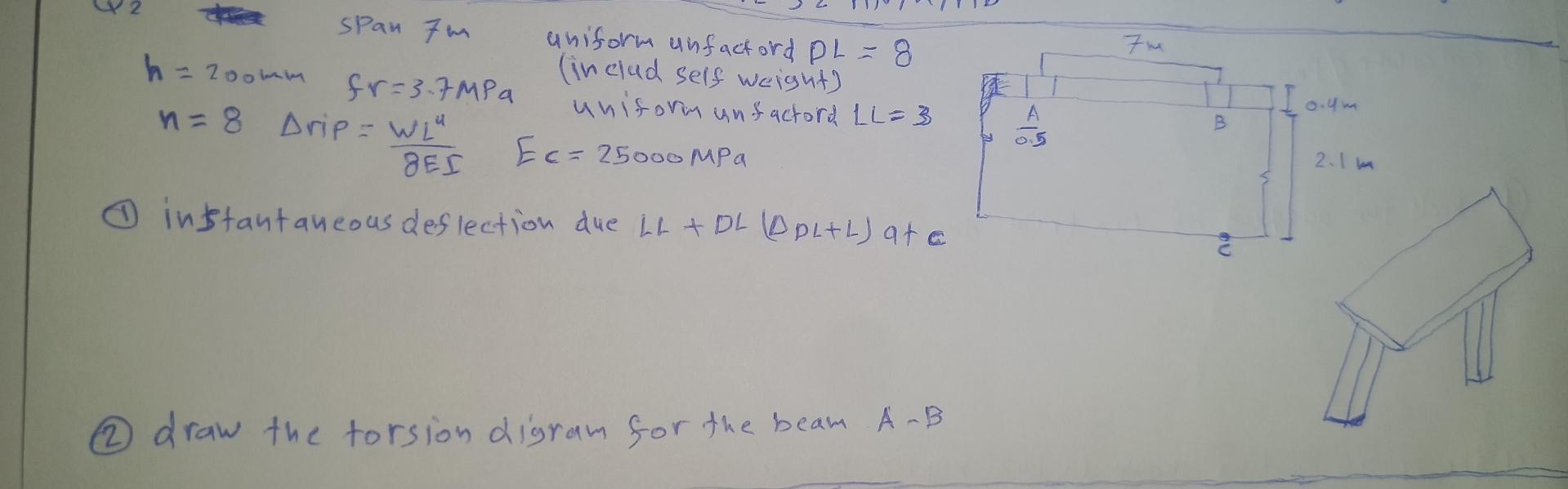 SPan 7 m uniform unfactord D L = 8 h = 2 0 0 m m