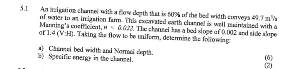 5 . 1 An irrigation channel with a flow depth