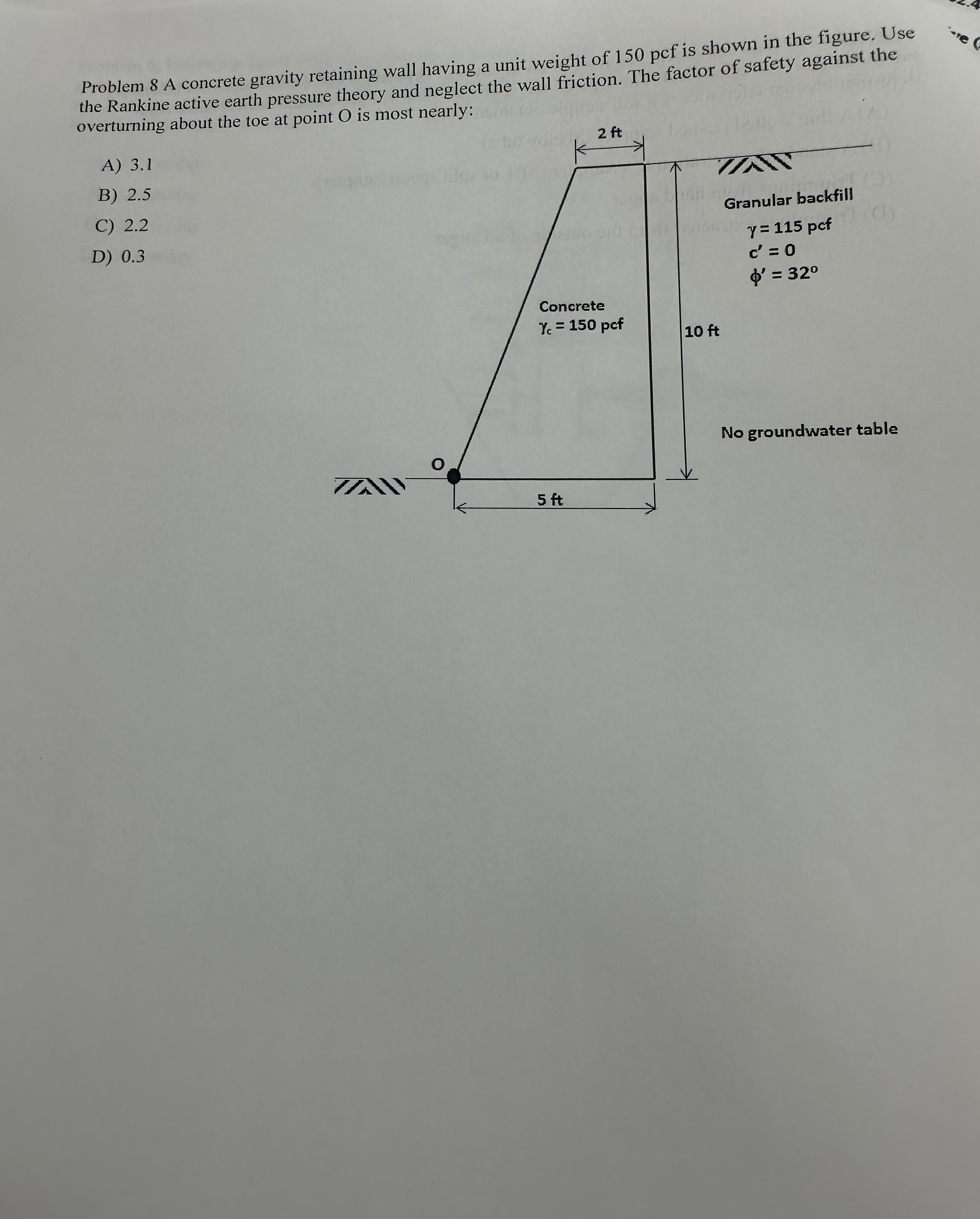 Problem 8 A concrete gravity retaining wall