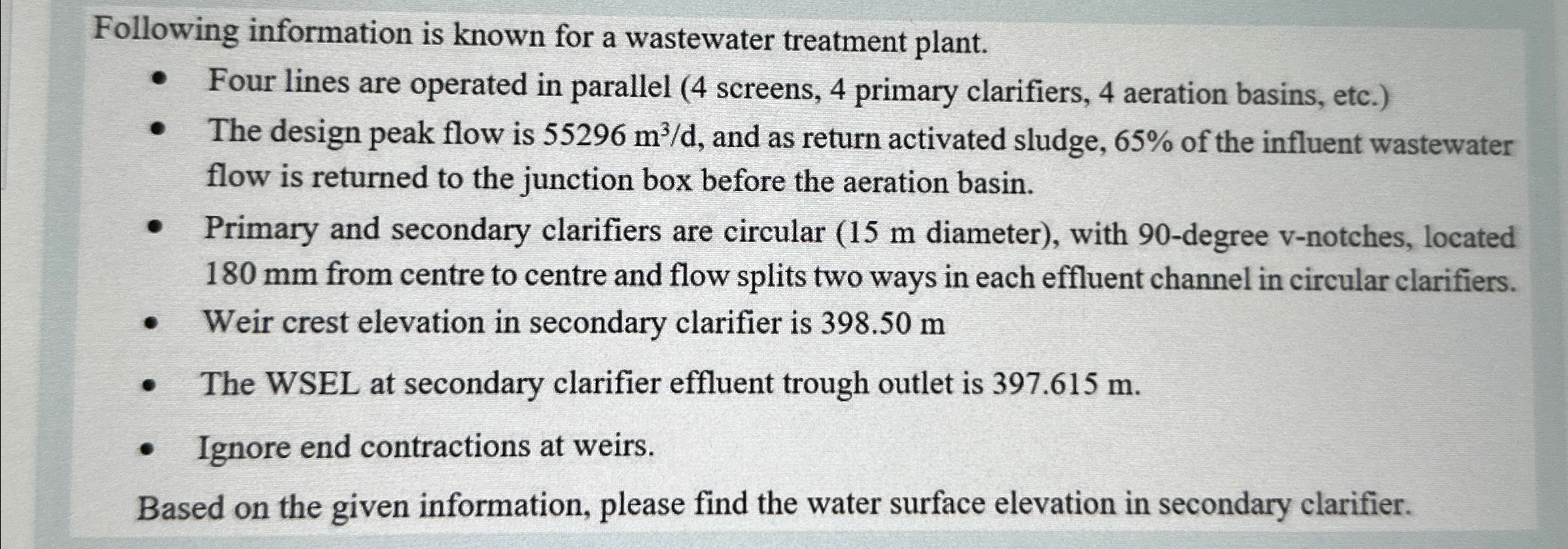 Following information is known for a wastewater