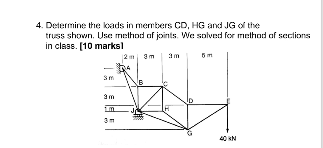 Determine the loads in members CD , HG and JG of