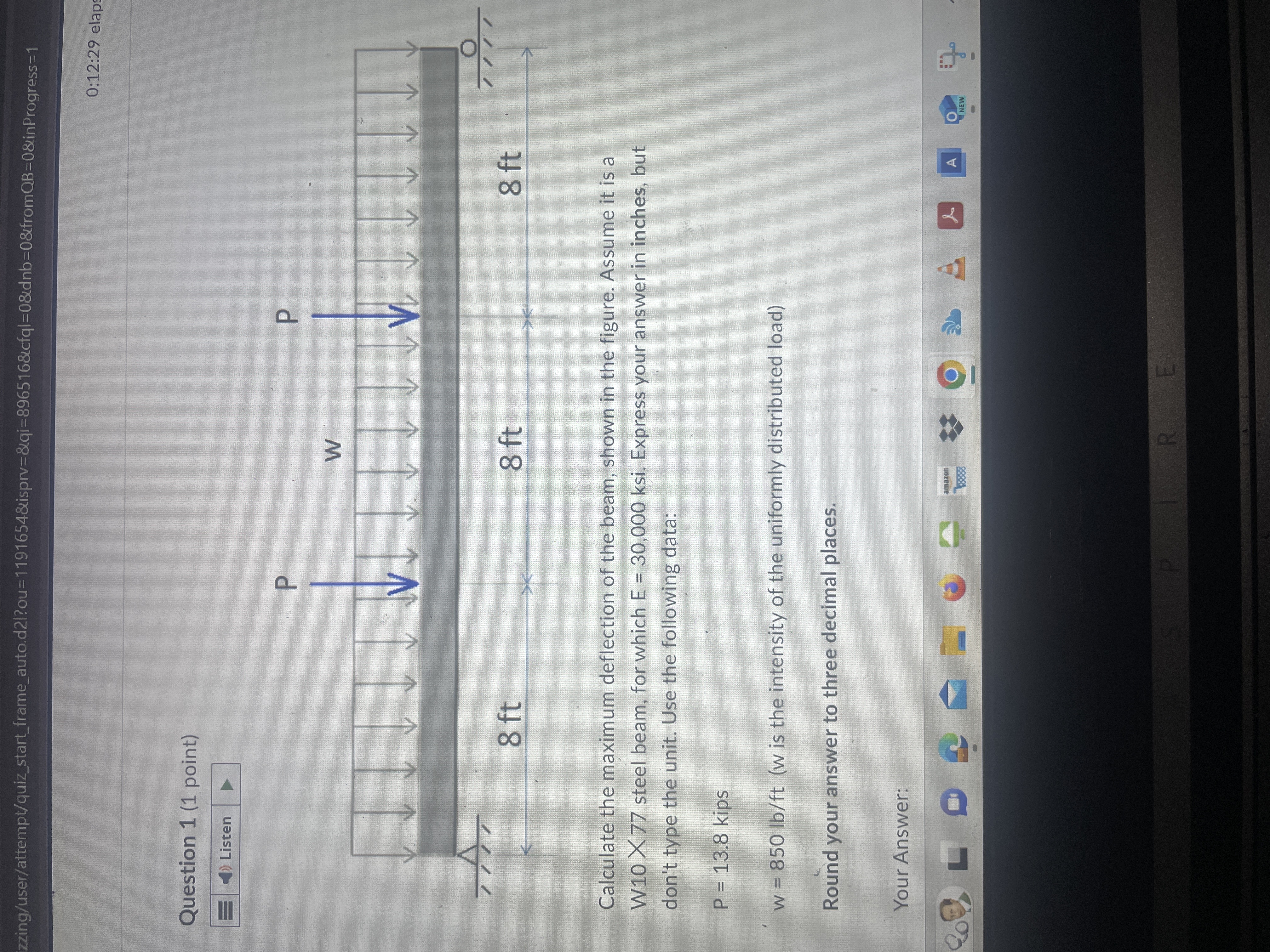 Calculate the maximum deflection of the beam,