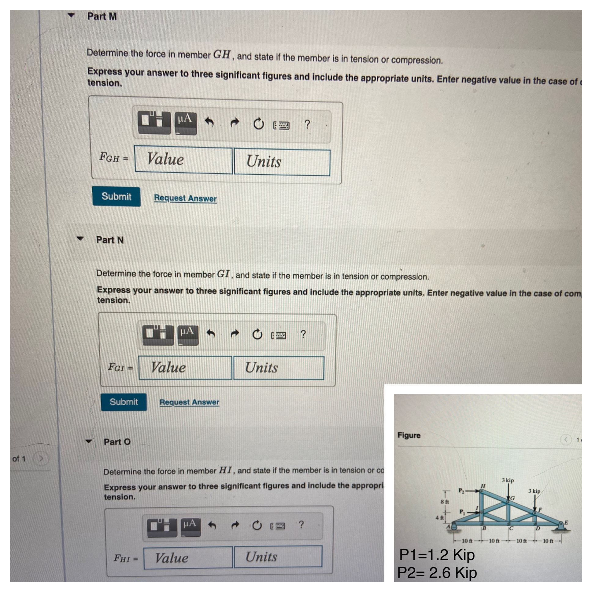 Part M Determine the force in member G H , and