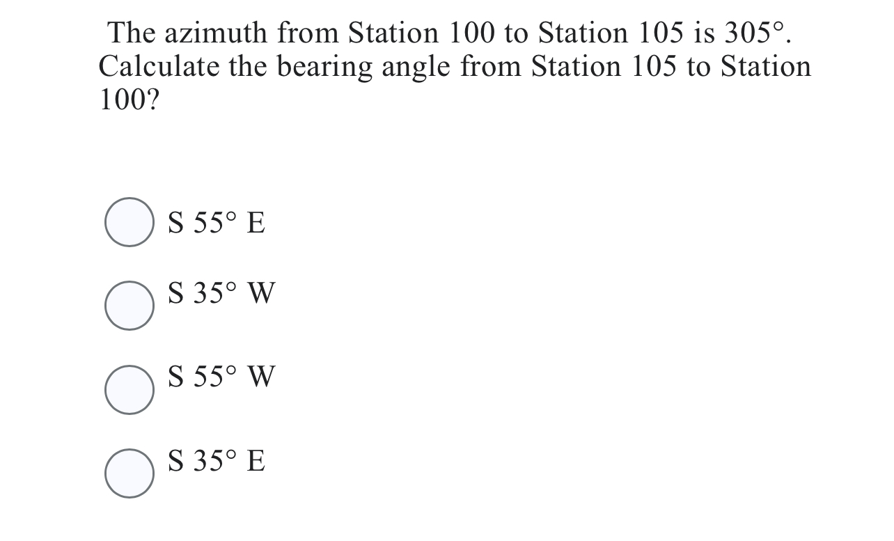 The azimuth from Station 1 0 0 to Station 1 0 5