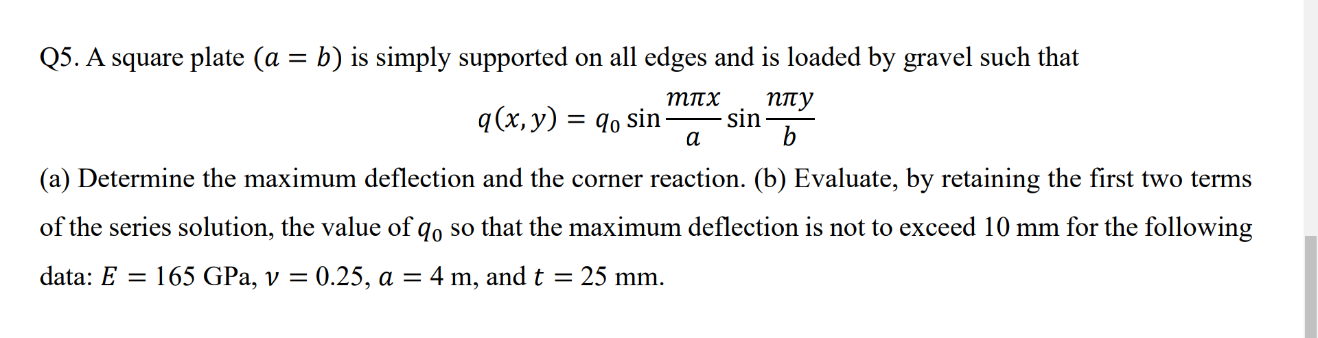 Q 5 . A square plate ( a = b ) is simply