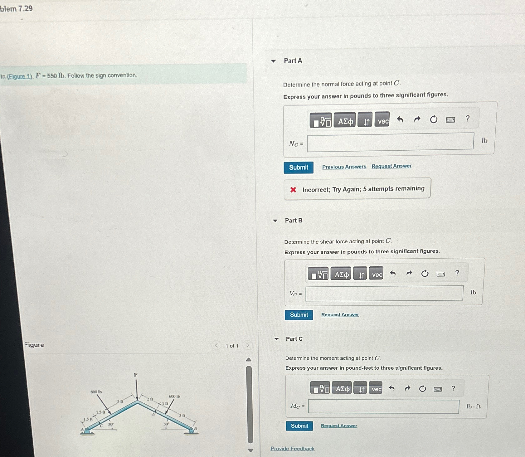 problem 7 . 2 9 In ( Eigure 1 ) , F = 5 5 0 l b .