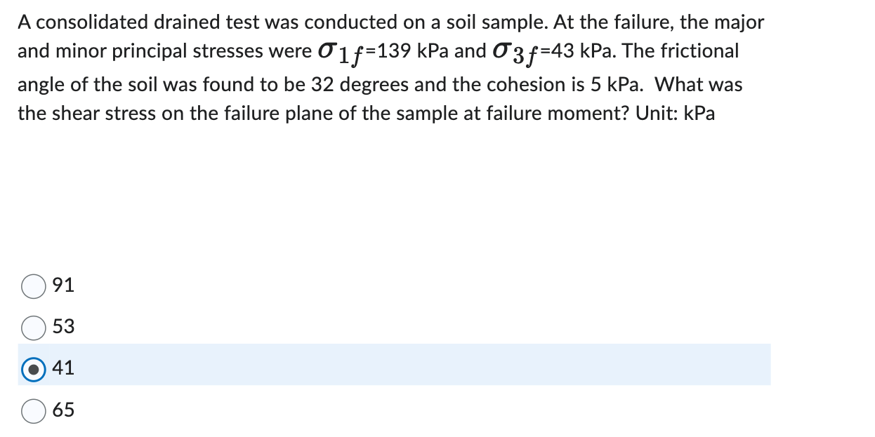 A consolidated drained test was conducted on a